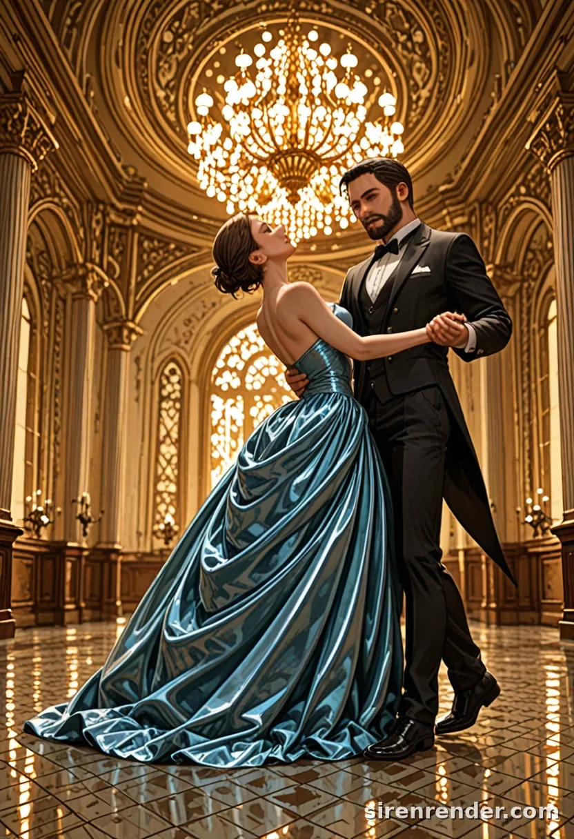 Ballroom Waltz: anime couple waltzing in a palace ballroom under crystal chandeliers, the woman in a flowing blue ball gown and the man in a black tuxedo, seed 33