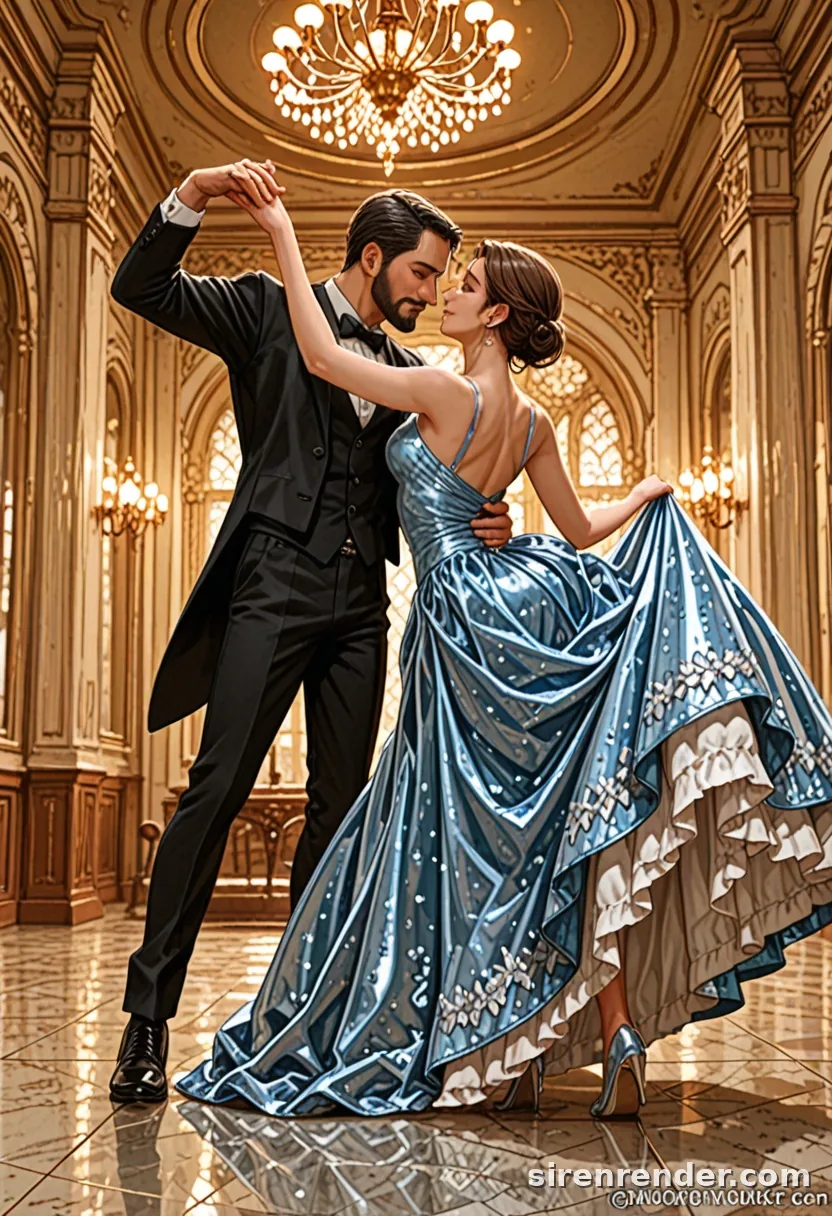 Ballroom Waltz: anime couple waltzing in a palace ballroom under crystal chandeliers, the woman in a flowing blue ball gown and the man in a black tuxedo, seed 44