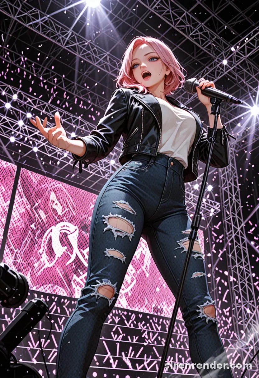 Rock Concert: anime rock singer woman with pink hair in a black leather jacket and ripped jeans singing into a microphone on a big stage under spotlights, seen from below, seed 11