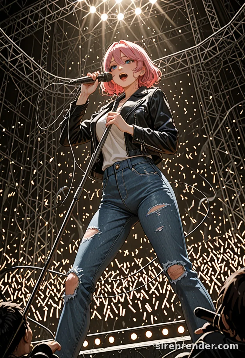 Rock Concert: anime rock singer woman with pink hair in a black leather jacket and ripped jeans singing into a microphone on a big stage under spotlights, seen from below, seed 22
