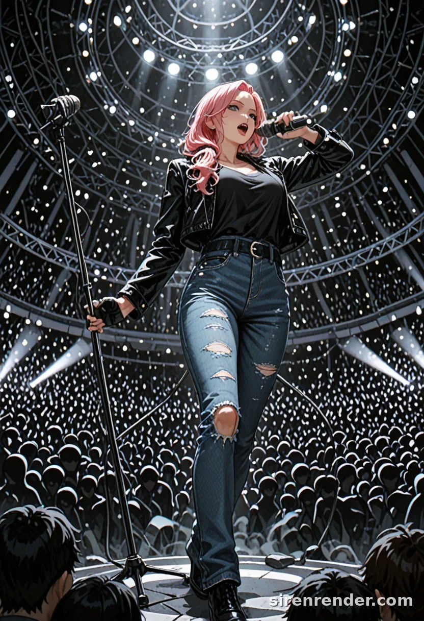 Rock Concert: anime rock singer woman with pink hair in a black leather jacket and ripped jeans singing into a microphone on a big stage under spotlights, seen from below, seed 33