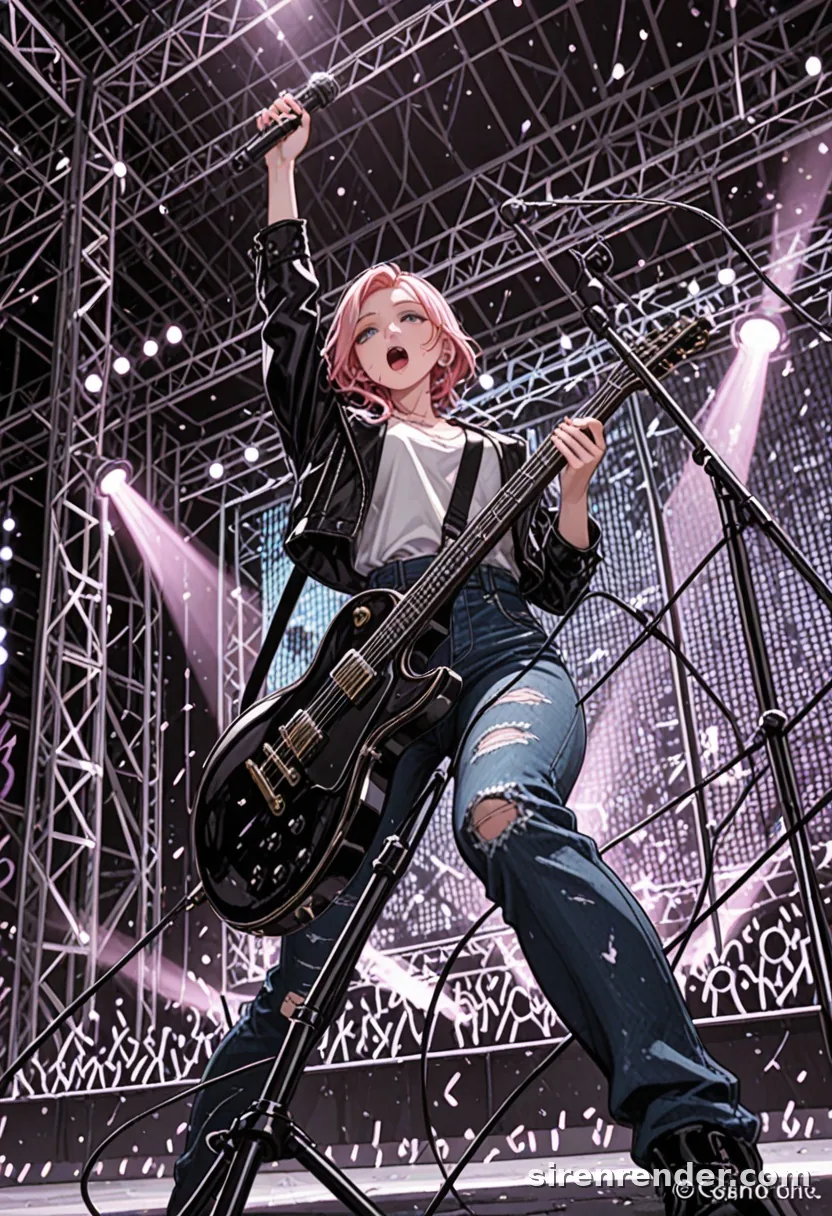 Rock Concert: anime rock singer woman with pink hair in a black leather jacket and ripped jeans singing into a microphone on a big stage under spotlights, seen from below, seed 44