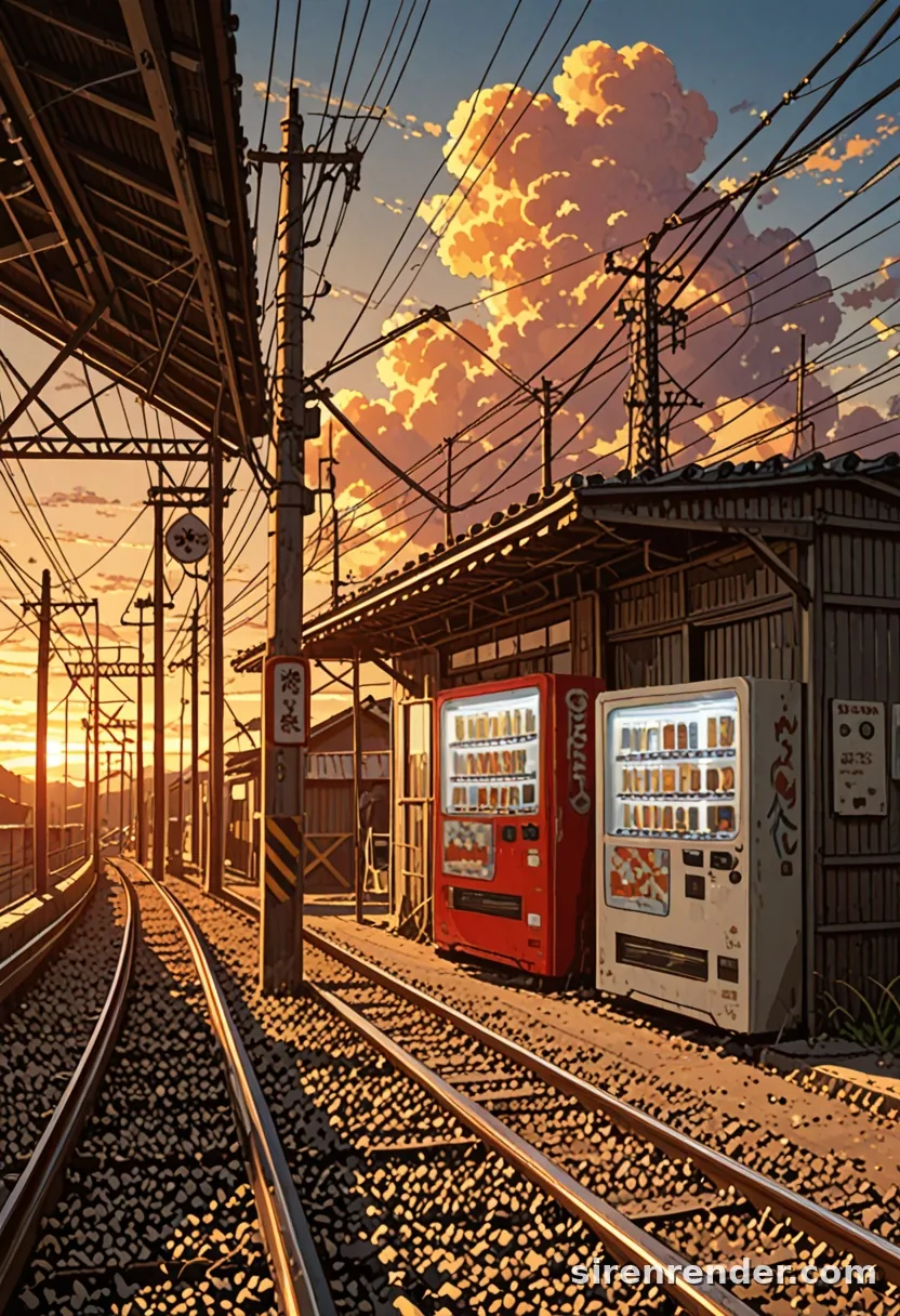 Dusk Station: anime scenery of an empty Japanese countryside train station at sunset with power lines, vending machines and glowing clouds, seed 11