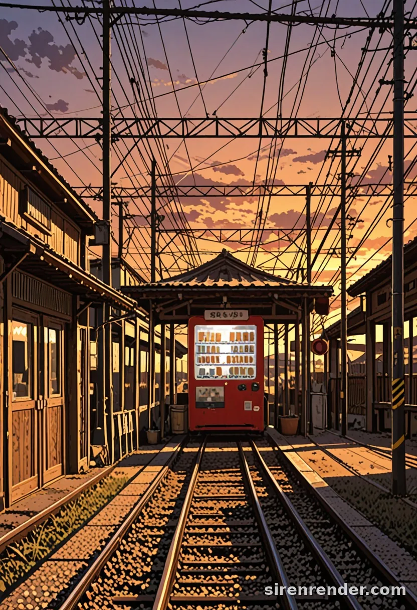 Dusk Station: anime scenery of an empty Japanese countryside train station at sunset with power lines, vending machines and glowing clouds, seed 22