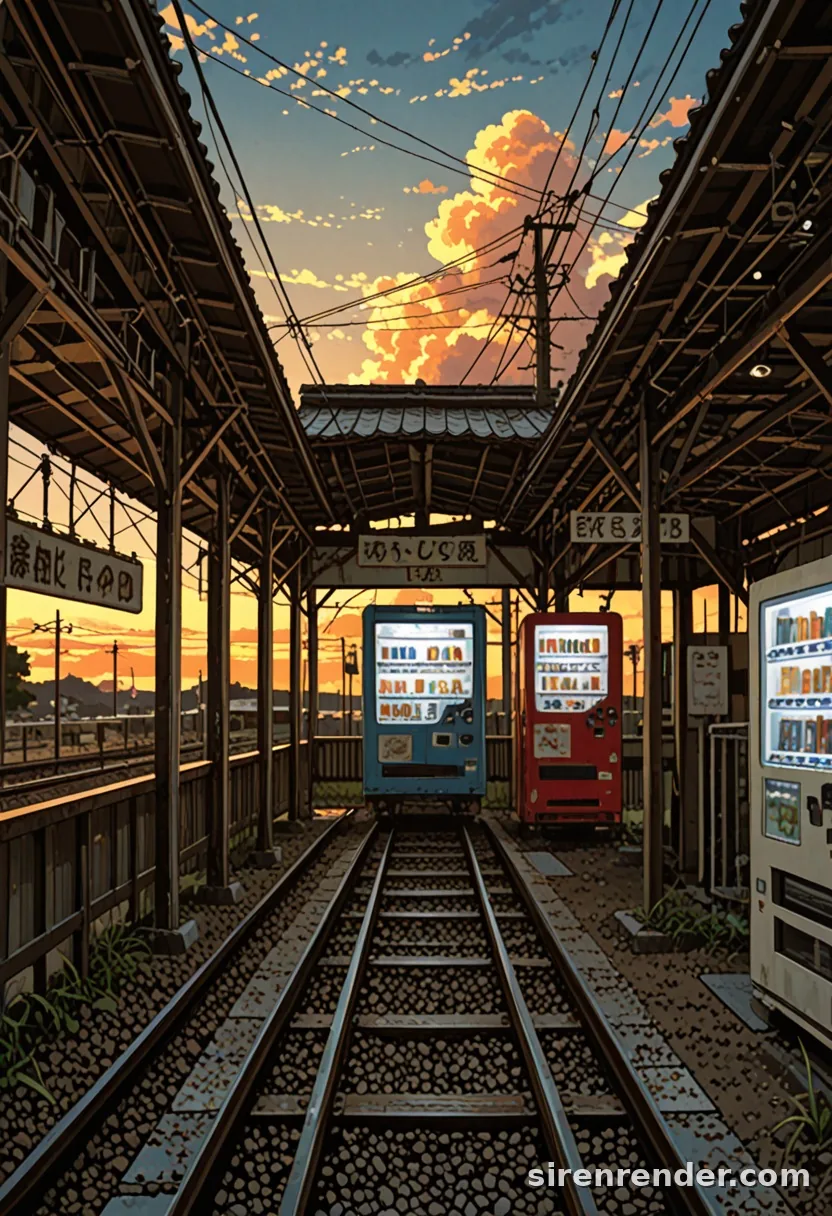 Dusk Station: anime scenery of an empty Japanese countryside train station at sunset with power lines, vending machines and glowing clouds, seed 33