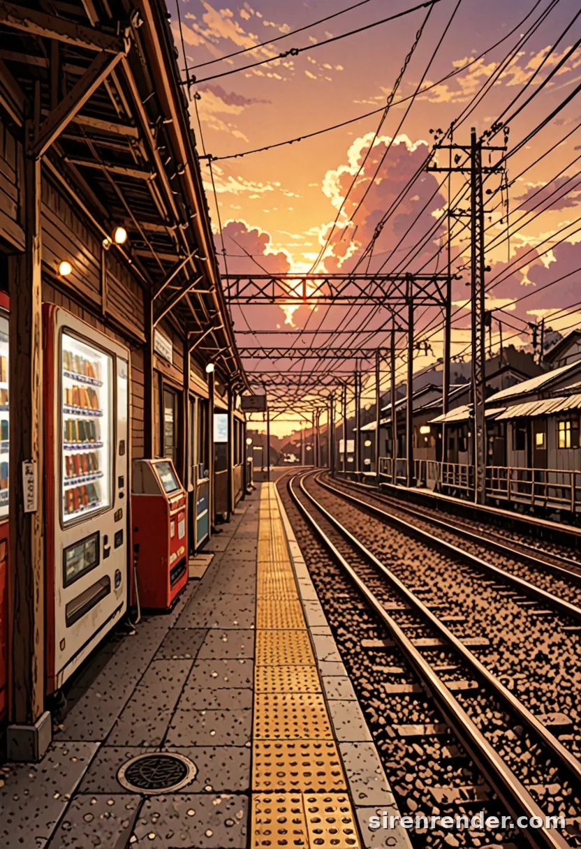 Dusk Station: anime scenery of an empty Japanese countryside train station at sunset with power lines, vending machines and glowing clouds, seed 44