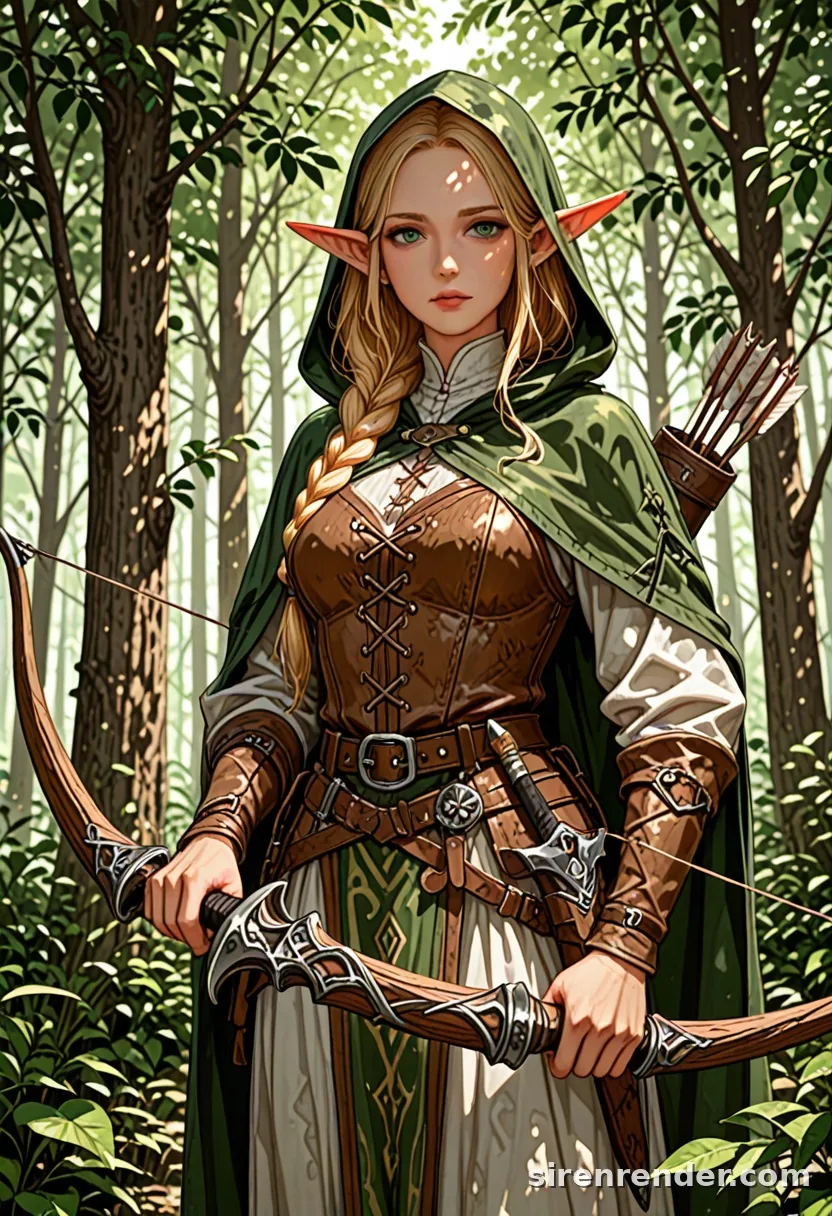 Elf Archer: anime elf archer woman with a long blonde braid, green hooded cloak and leather armor holding a recurve bow in a sunlit forest, quiver of arrows on her back, seed 11