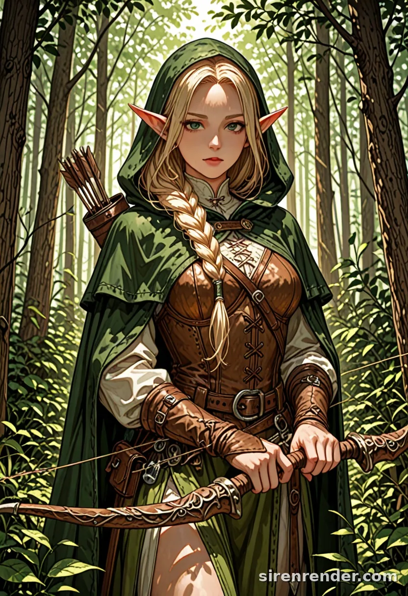 Elf Archer: anime elf archer woman with a long blonde braid, green hooded cloak and leather armor holding a recurve bow in a sunlit forest, quiver of arrows on her back, seed 22