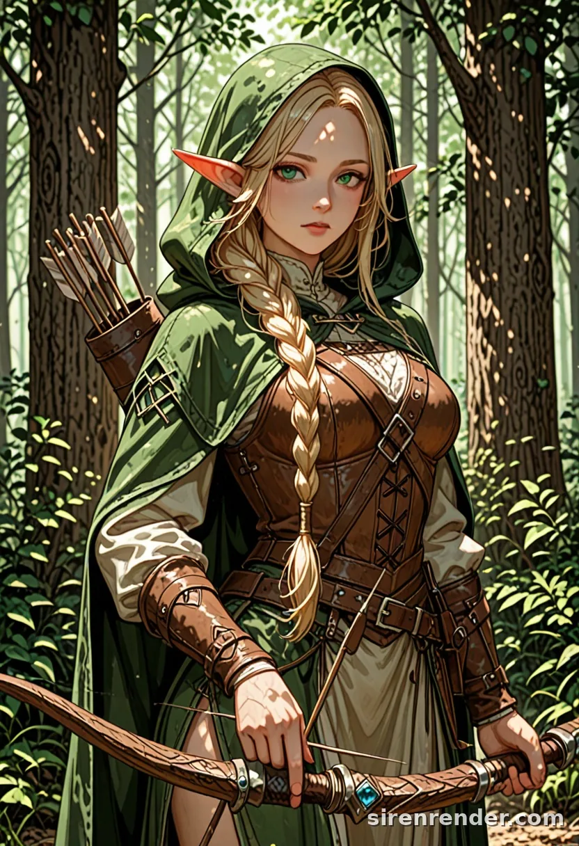 Elf Archer: anime elf archer woman with a long blonde braid, green hooded cloak and leather armor holding a recurve bow in a sunlit forest, quiver of arrows on her back, seed 33