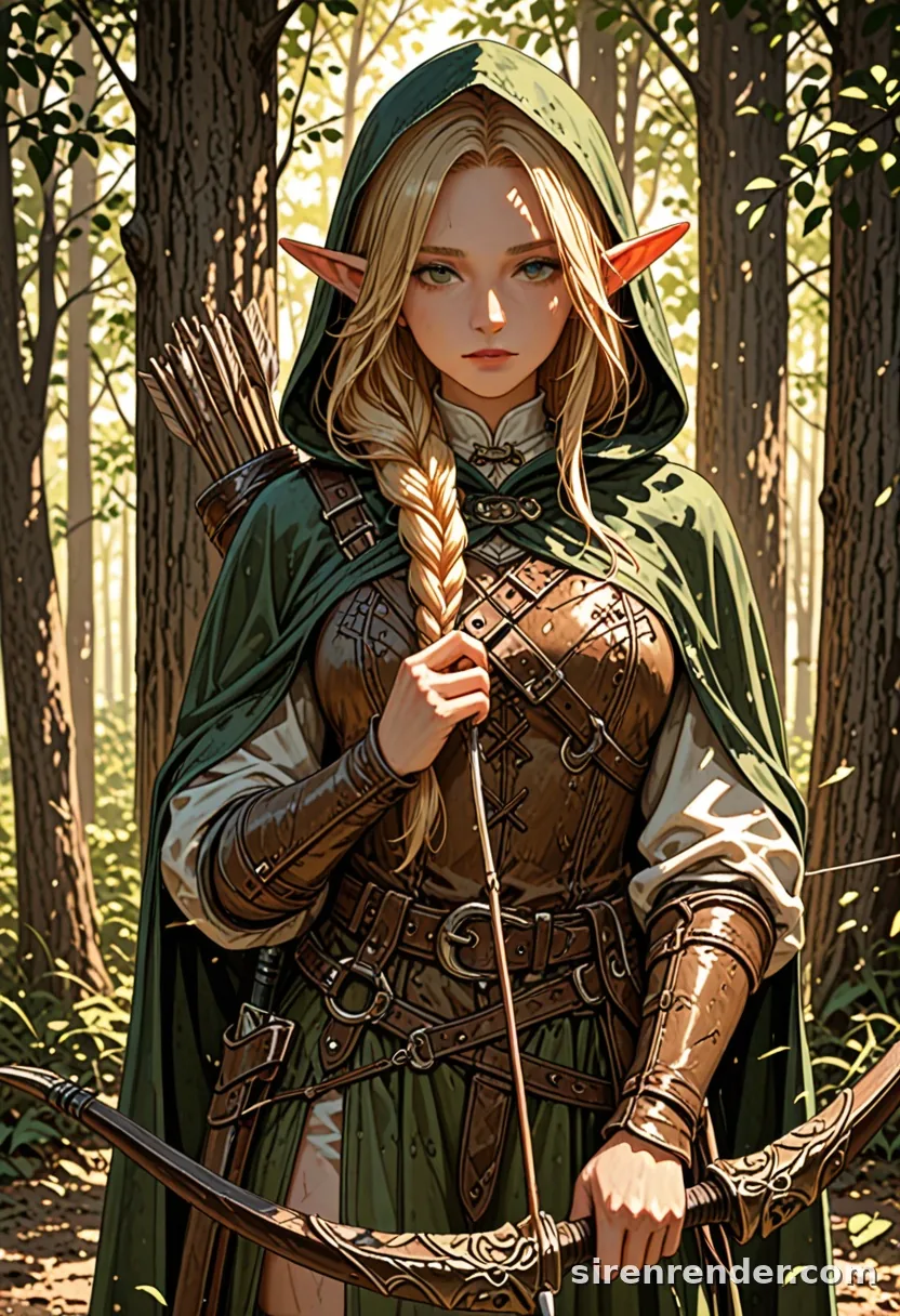 Elf Archer: anime elf archer woman with a long blonde braid, green hooded cloak and leather armor holding a recurve bow in a sunlit forest, quiver of arrows on her back, seed 44