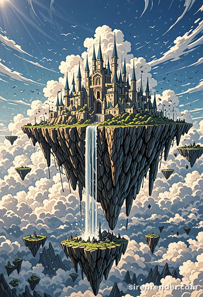 Floating Islands: anime fantasy scenery of a white castle on a floating island with waterfalls pouring into a sea of clouds, smaller islands drifting around it, seed 11