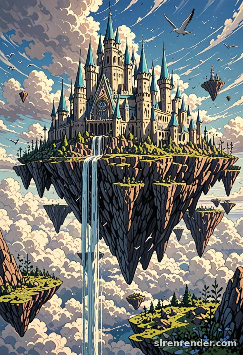 Floating Islands: anime fantasy scenery of a white castle on a floating island with waterfalls pouring into a sea of clouds, smaller islands drifting around it, seed 22