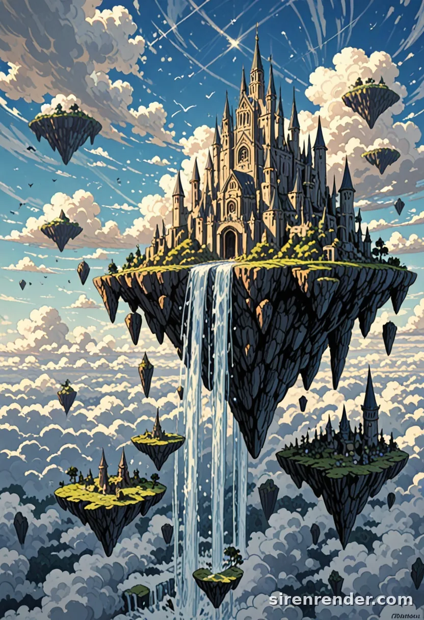 Floating Islands: anime fantasy scenery of a white castle on a floating island with waterfalls pouring into a sea of clouds, smaller islands drifting around it, seed 33