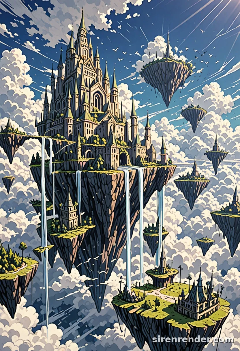 Floating Islands: anime fantasy scenery of a white castle on a floating island with waterfalls pouring into a sea of clouds, smaller islands drifting around it, seed 44