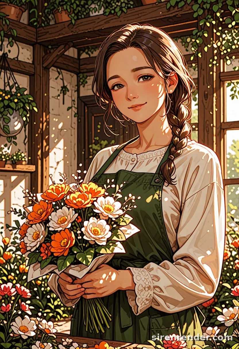 Flower Shop: anime woman with a long brown braid and a green apron holding a bouquet of orange and red flowers in a sunlit flower shop, seed 11