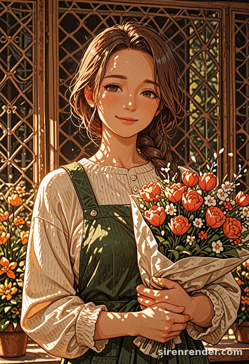 Flower Shop: anime woman with a long brown braid and a green apron holding a bouquet of orange and red flowers in a sunlit flower shop, seed 22