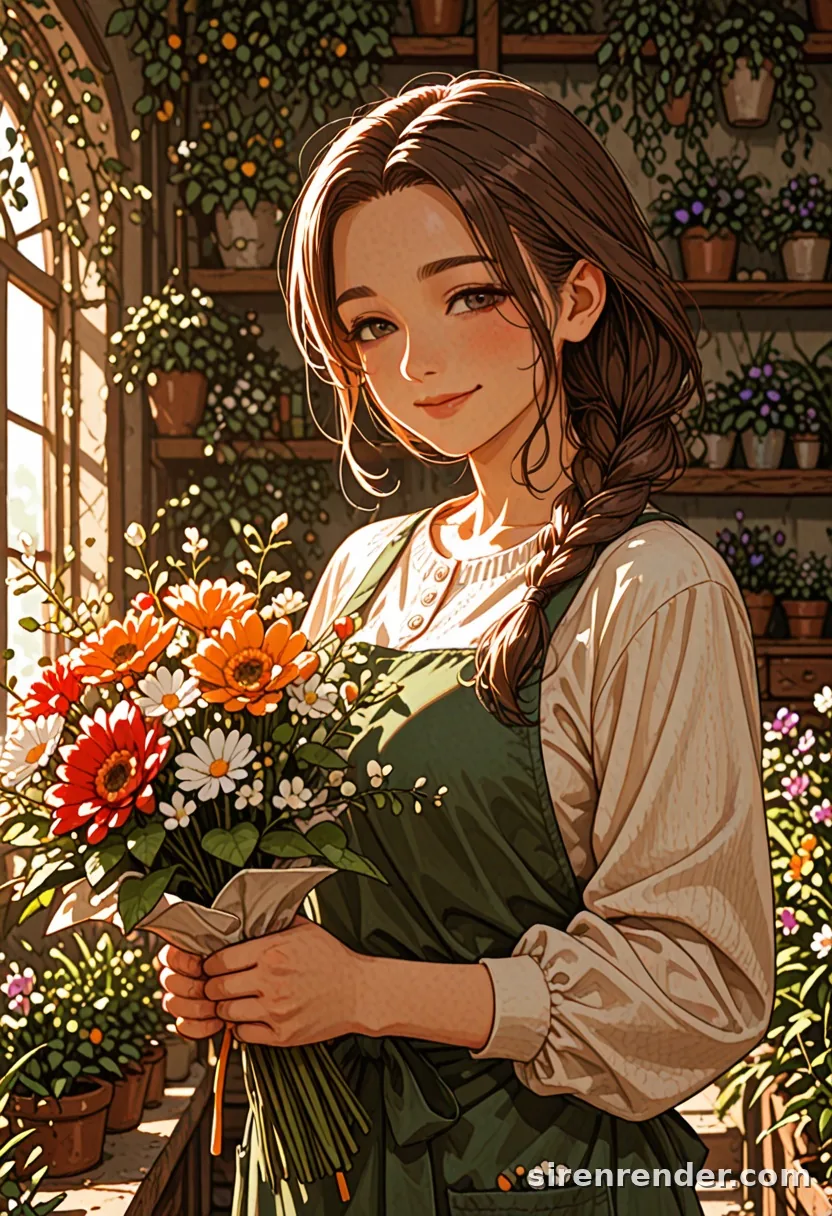 Flower Shop: anime woman with a long brown braid and a green apron holding a bouquet of orange and red flowers in a sunlit flower shop, seed 33