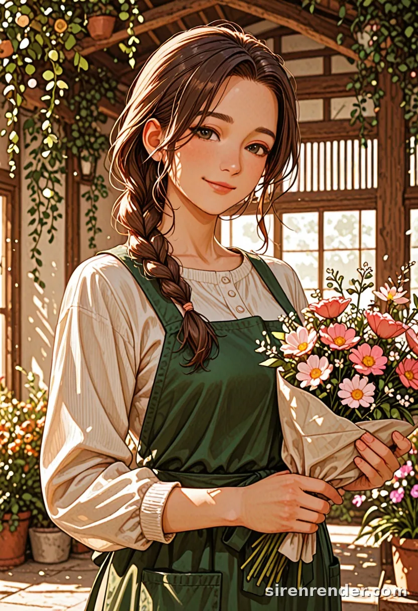 Flower Shop: anime woman with a long brown braid and a green apron holding a bouquet of orange and red flowers in a sunlit flower shop, seed 44