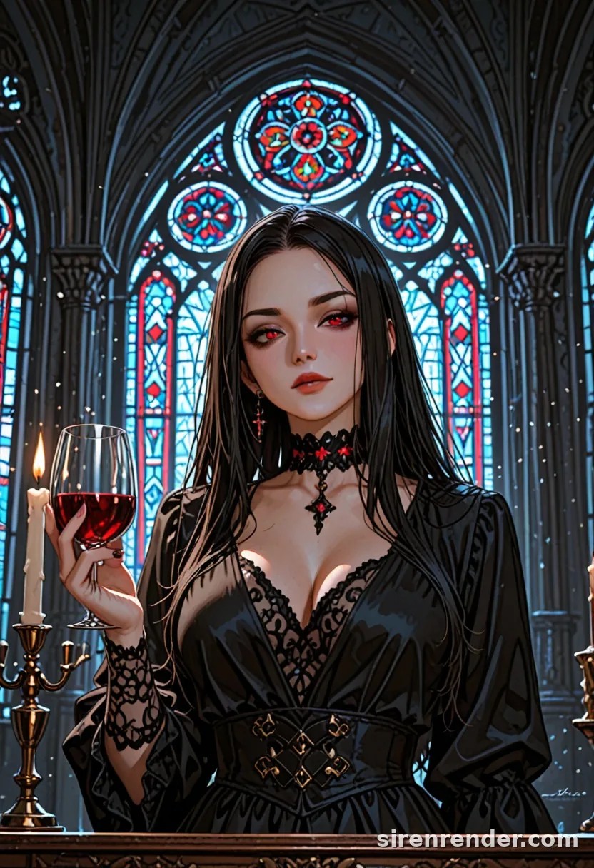 Gothic Countess: anime vampire woman with long black hair and red eyes in a black lace gown and choker holding a glass of red wine before stained glass windows, seed 11