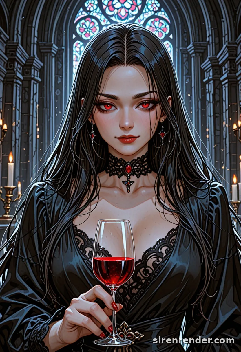 Gothic Countess: anime vampire woman with long black hair and red eyes in a black lace gown and choker holding a glass of red wine before stained glass windows, seed 22