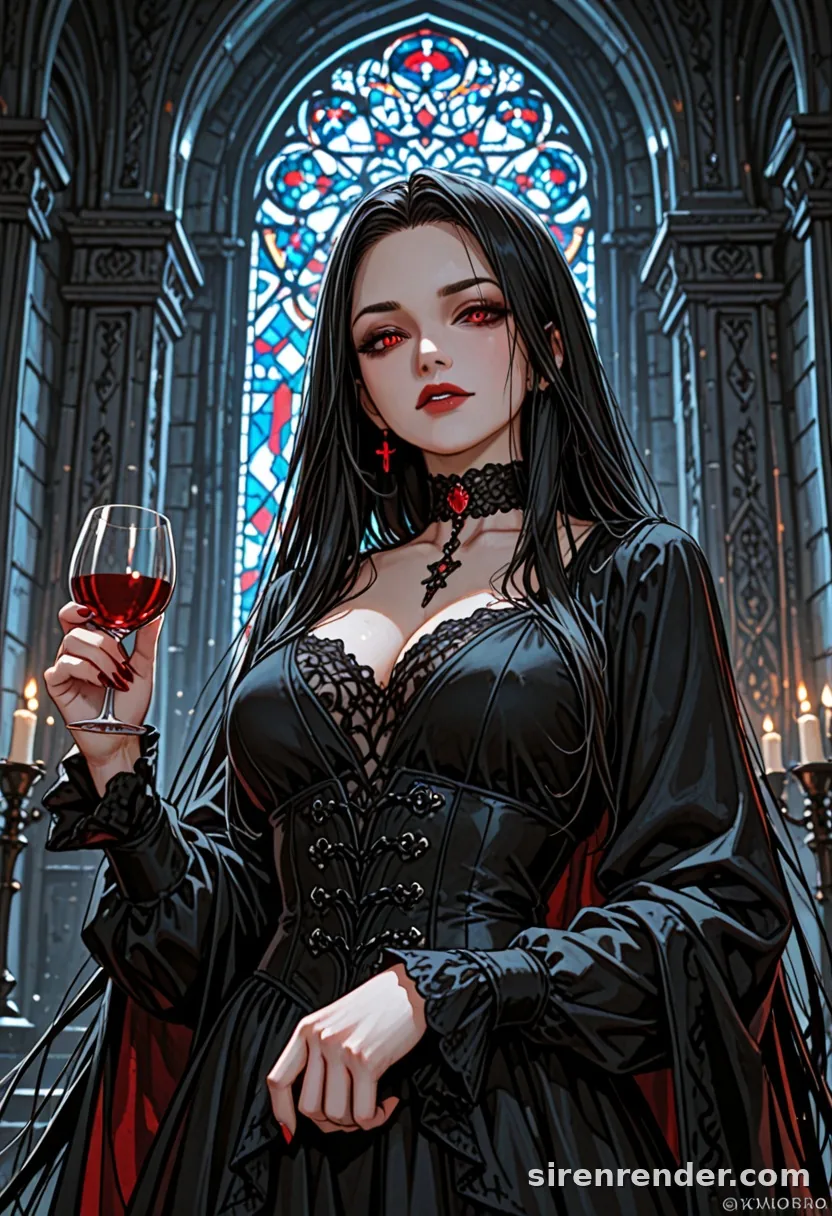 Gothic Countess: anime vampire woman with long black hair and red eyes in a black lace gown and choker holding a glass of red wine before stained glass windows, seed 33