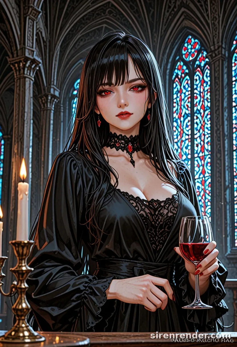 Gothic Countess: anime vampire woman with long black hair and red eyes in a black lace gown and choker holding a glass of red wine before stained glass windows, seed 44