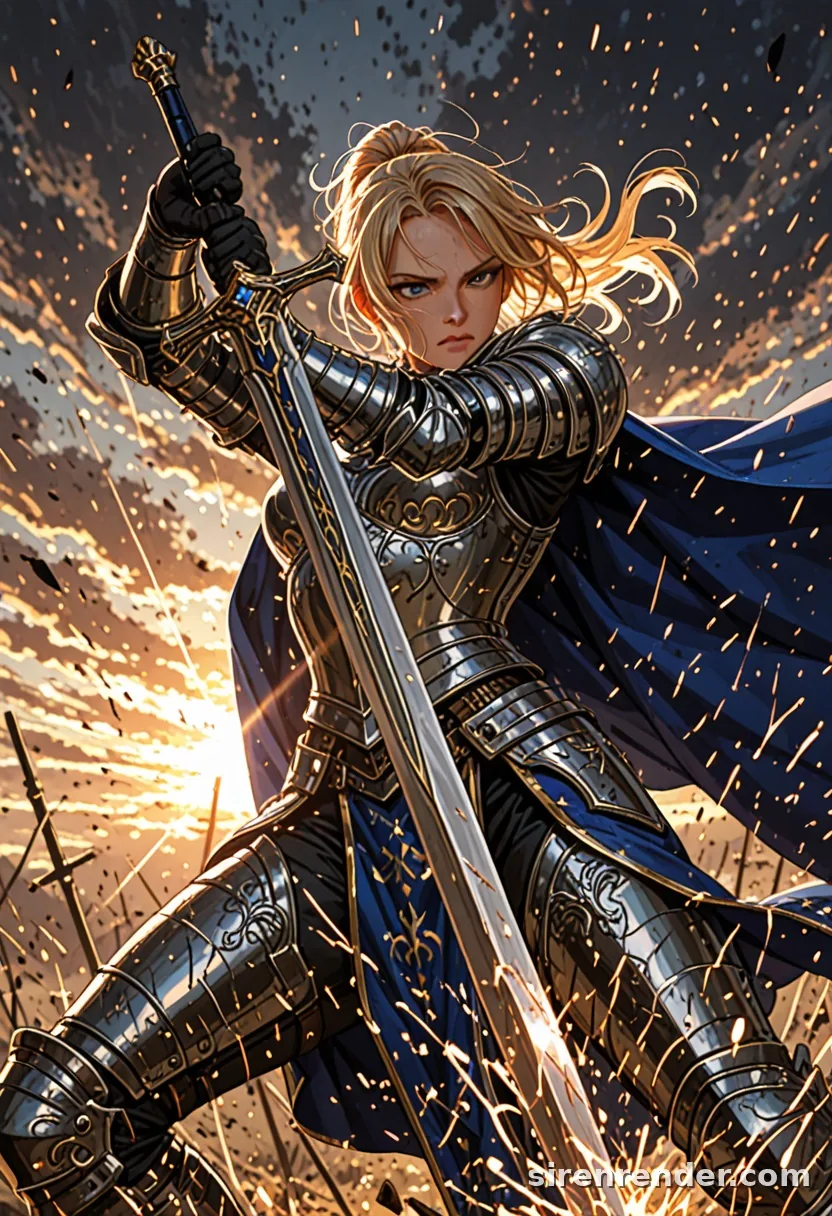 Knight at Dawn: anime knight woman in silver plate armor and blue cape raising a sword against a dawn sky full of sparks, seed 11