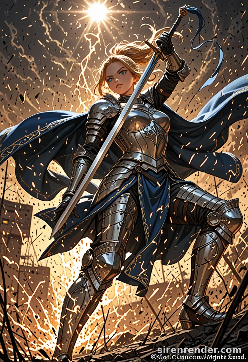 Knight at Dawn: anime knight woman in silver plate armor and blue cape raising a sword against a dawn sky full of sparks, seed 22