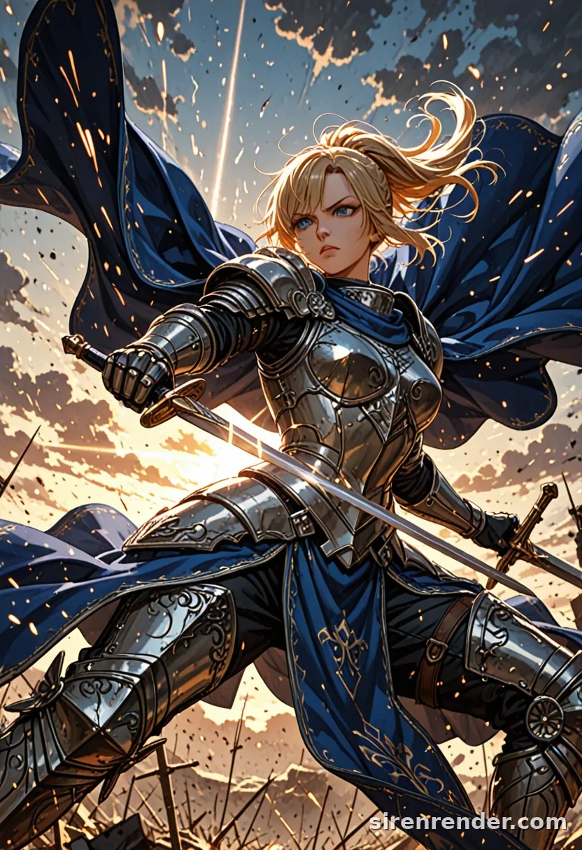 Knight at Dawn: anime knight woman in silver plate armor and blue cape raising a sword against a dawn sky full of sparks, seed 33