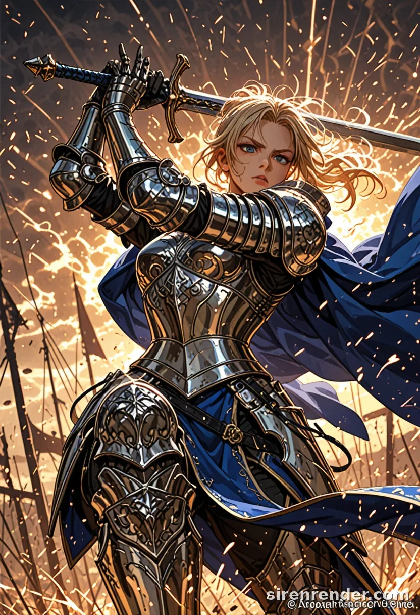 Knight at Dawn: anime knight woman in silver plate armor and blue cape raising a sword against a dawn sky full of sparks, seed 44