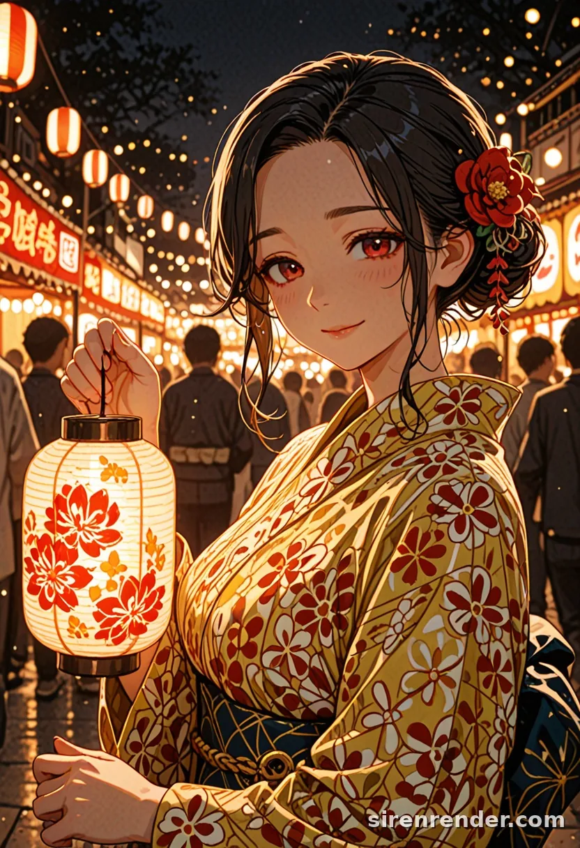 Lantern Festival: anime woman with her hair in a bun and a red flower ornament, in a yellow floral yukata, holding a glowing paper lantern at a night festival under rows of lanterns, seed 11