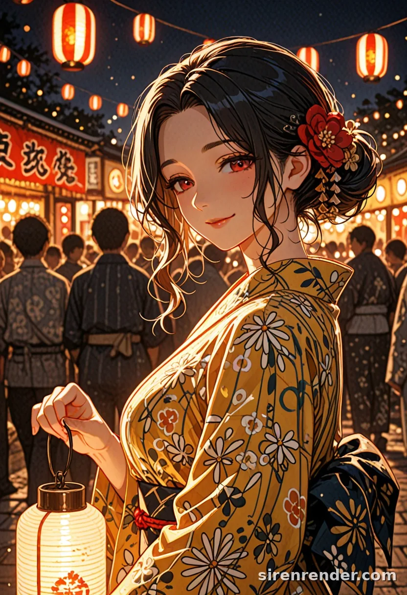 Lantern Festival: anime woman with her hair in a bun and a red flower ornament, in a yellow floral yukata, holding a glowing paper lantern at a night festival under rows of lanterns, seed 22