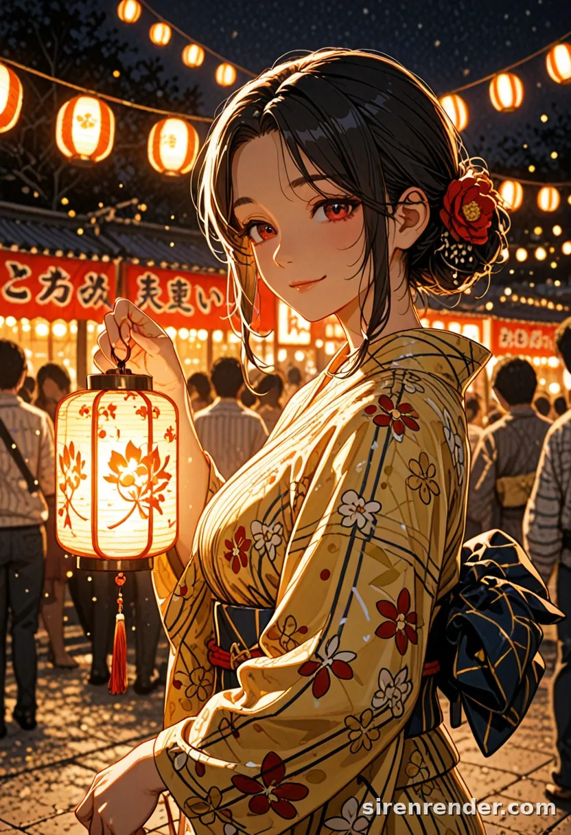 Lantern Festival: anime woman with her hair in a bun and a red flower ornament, in a yellow floral yukata, holding a glowing paper lantern at a night festival under rows of lanterns, seed 33