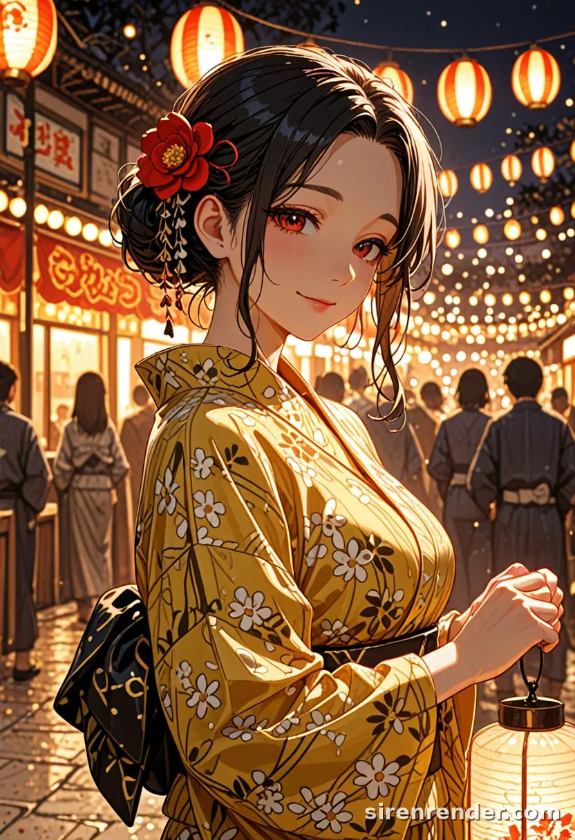 Lantern Festival: anime woman with her hair in a bun and a red flower ornament, in a yellow floral yukata, holding a glowing paper lantern at a night festival under rows of lanterns, seed 44
