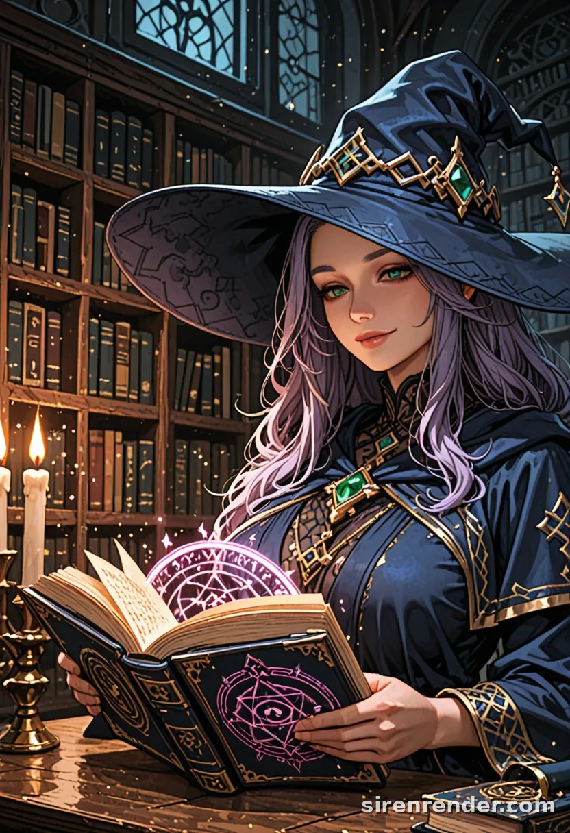 Library Witch: anime witch with long purple hair and a wide blue hat reading a glowing spellbook by candlelight in a library, seed 11