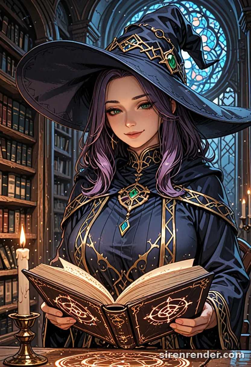 Library Witch: anime witch with long purple hair and a wide blue hat reading a glowing spellbook by candlelight in a library, seed 22