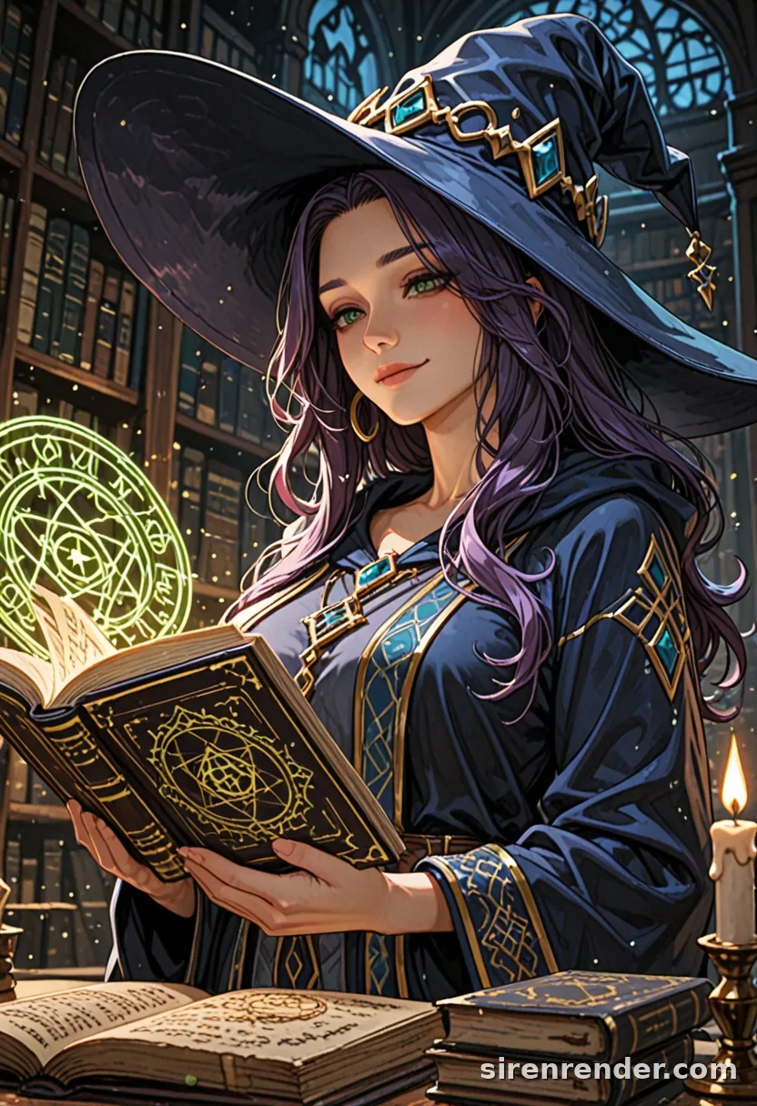 Library Witch: anime witch with long purple hair and a wide blue hat reading a glowing spellbook by candlelight in a library, seed 33