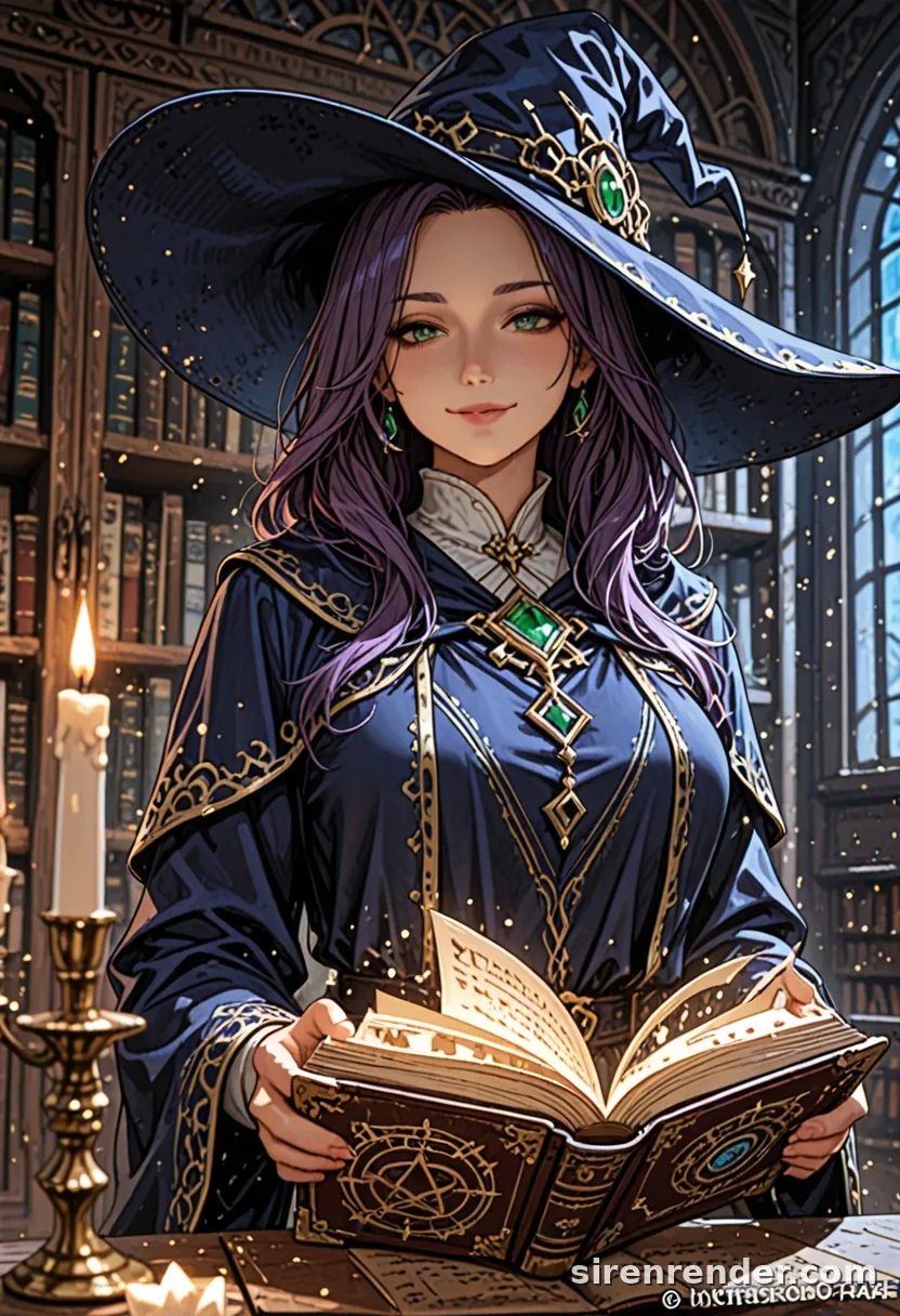 Library Witch: anime witch with long purple hair and a wide blue hat reading a glowing spellbook by candlelight in a library, seed 44