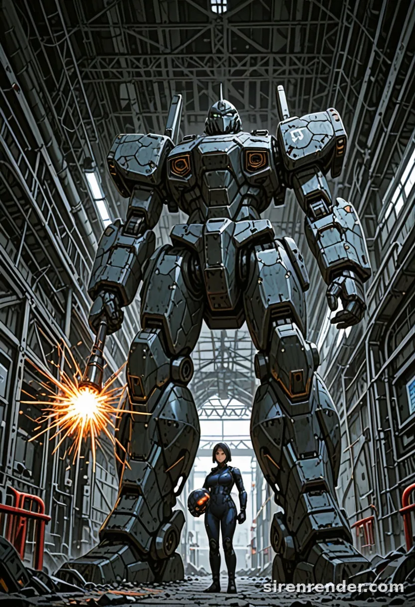 Mecha Pilot: anime pilot woman in a dark pilot suit holding a helmet, standing small beneath a giant robot in a hangar full of welding sparks, seed 11