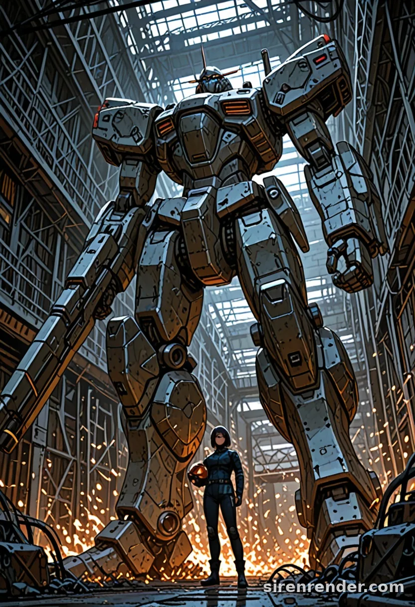 Mecha Pilot: anime pilot woman in a dark pilot suit holding a helmet, standing small beneath a giant robot in a hangar full of welding sparks, seed 22