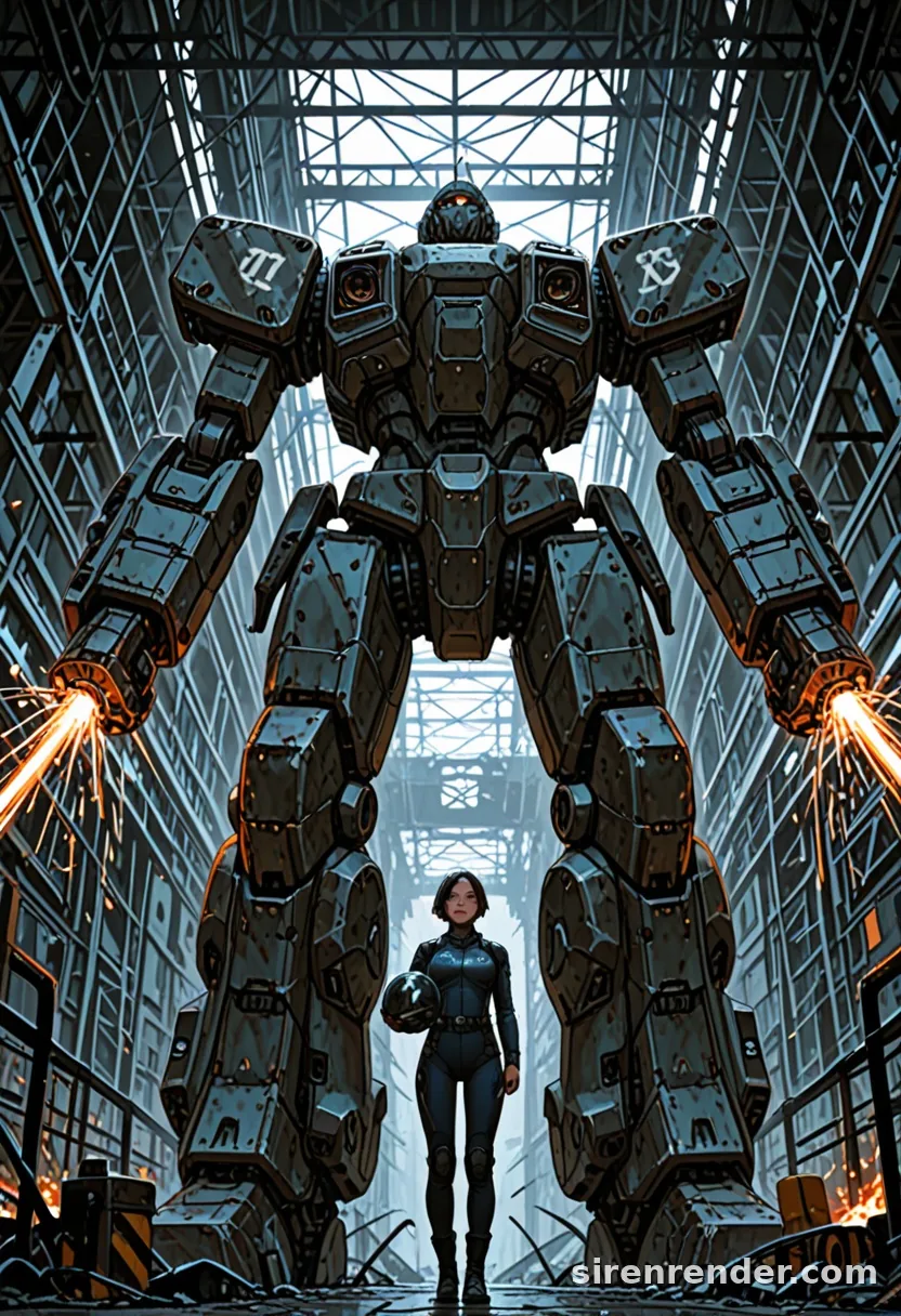 Mecha Pilot: anime pilot woman in a dark pilot suit holding a helmet, standing small beneath a giant robot in a hangar full of welding sparks, seed 33