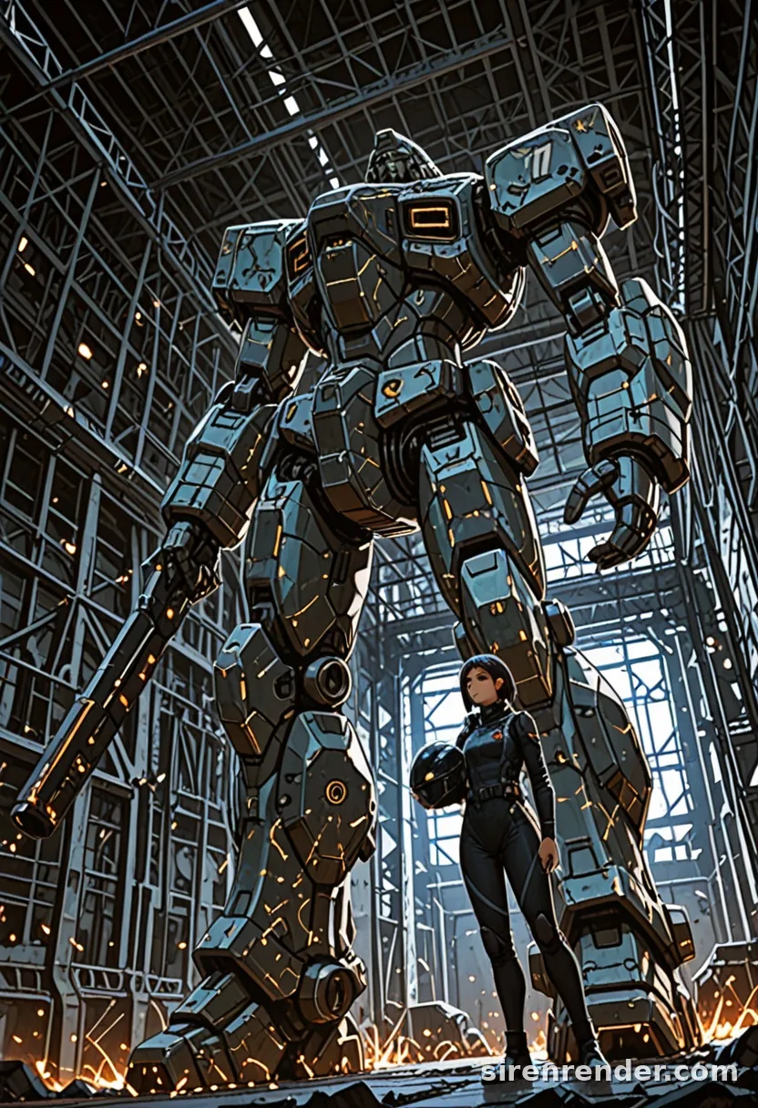 Mecha Pilot: anime pilot woman in a dark pilot suit holding a helmet, standing small beneath a giant robot in a hangar full of welding sparks, seed 44