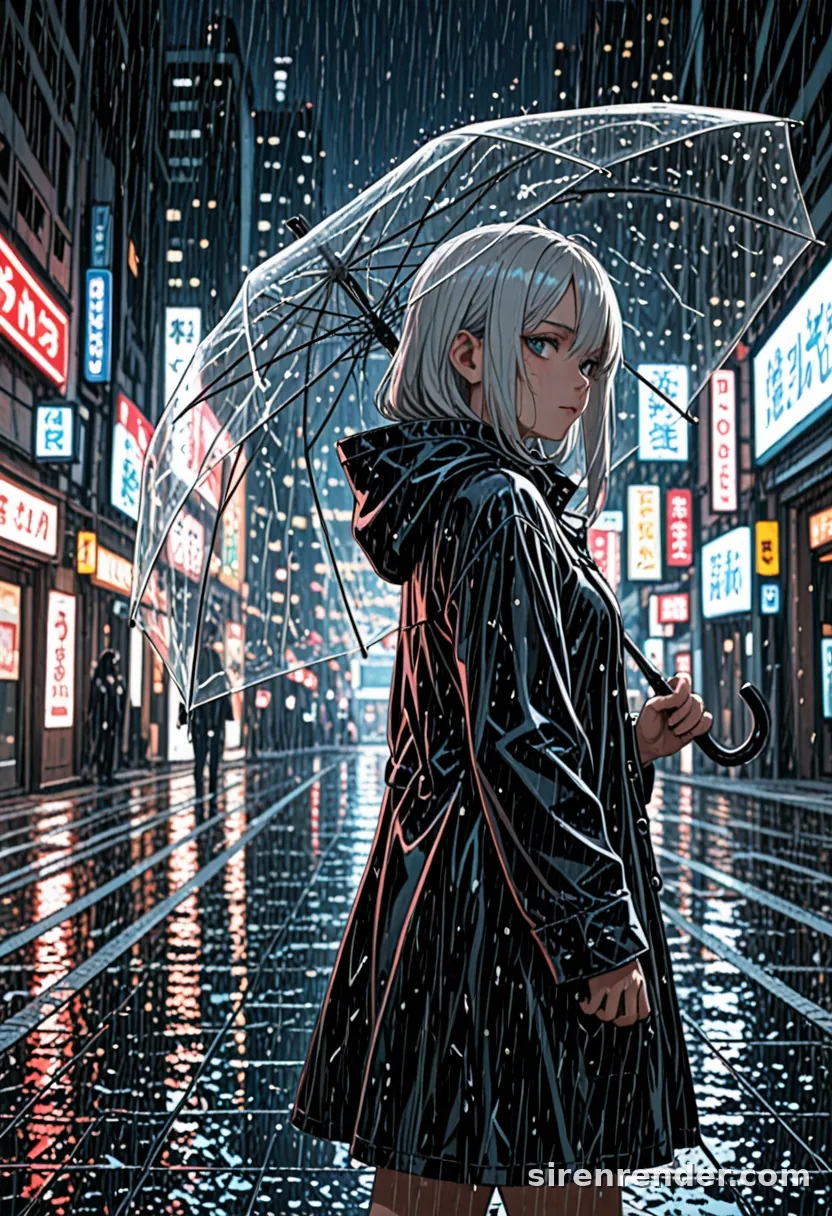 Neon Rain: anime woman with a silver bob in a black hooded raincoat holding a clear umbrella over her shoulder, looking back on a rainy neon-lit city street at night, seed 11