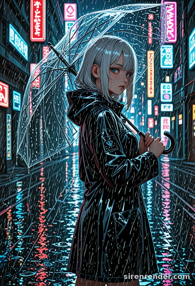 Neon Rain: anime woman with a silver bob in a black hooded raincoat holding a clear umbrella over her shoulder, looking back on a rainy neon-lit city street at night, seed 22