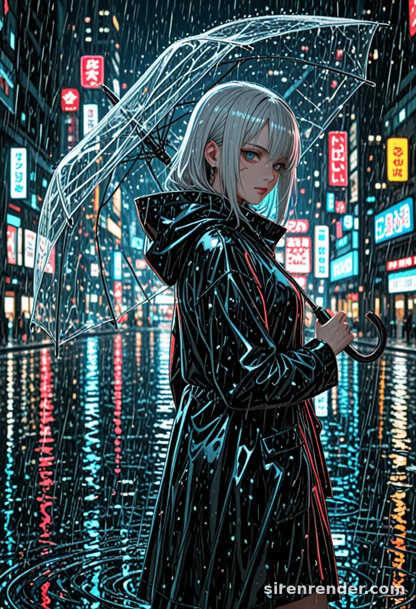 Neon Rain: anime woman with a silver bob in a black hooded raincoat holding a clear umbrella over her shoulder, looking back on a rainy neon-lit city street at night, seed 33