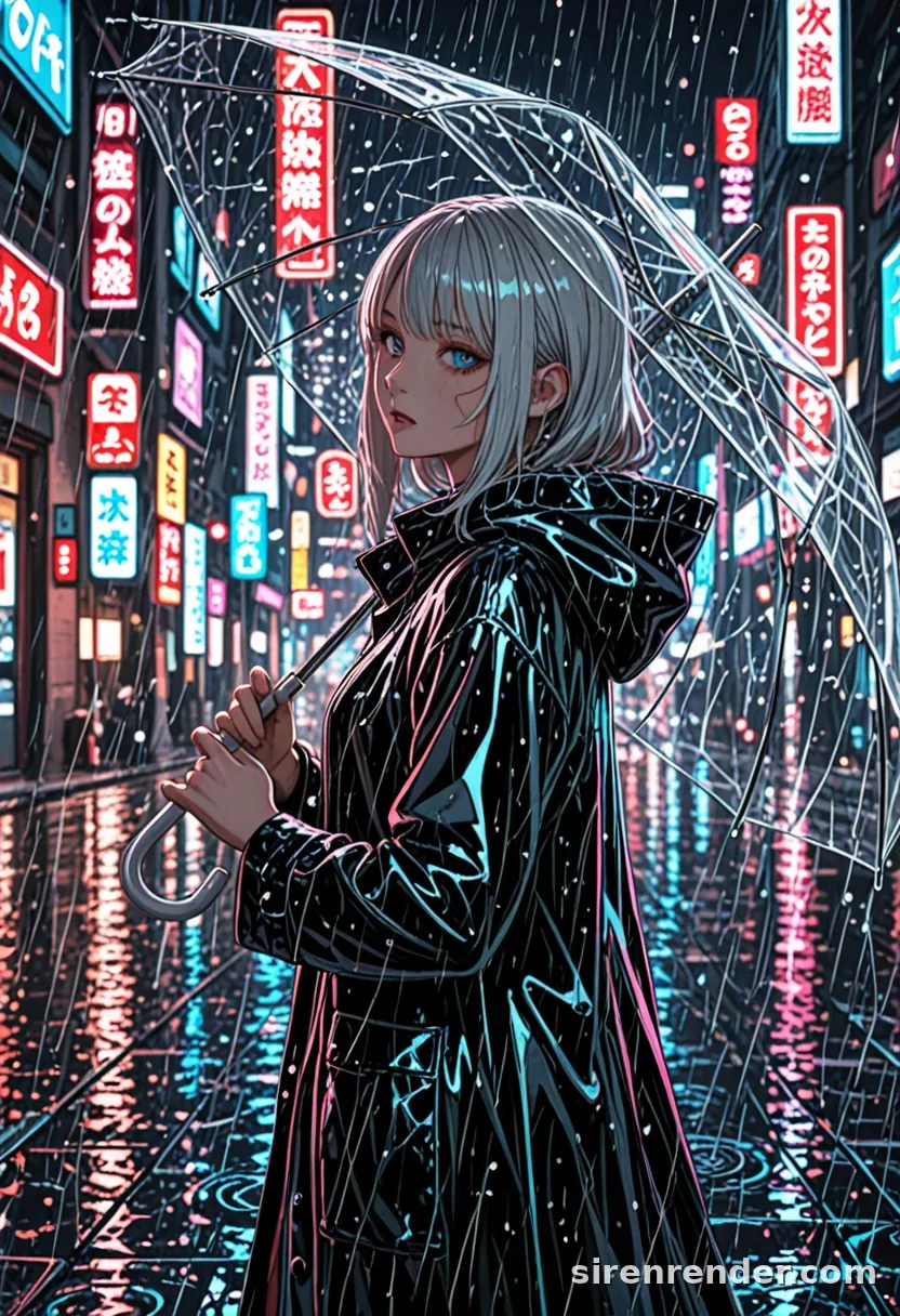 Neon Rain: anime woman with a silver bob in a black hooded raincoat holding a clear umbrella over her shoulder, looking back on a rainy neon-lit city street at night, seed 44