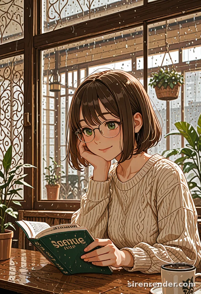 Rainy Cafe: anime woman with a brown bob and glasses reading a book with coffee by a rain-streaked cafe window full of plants, seed 11