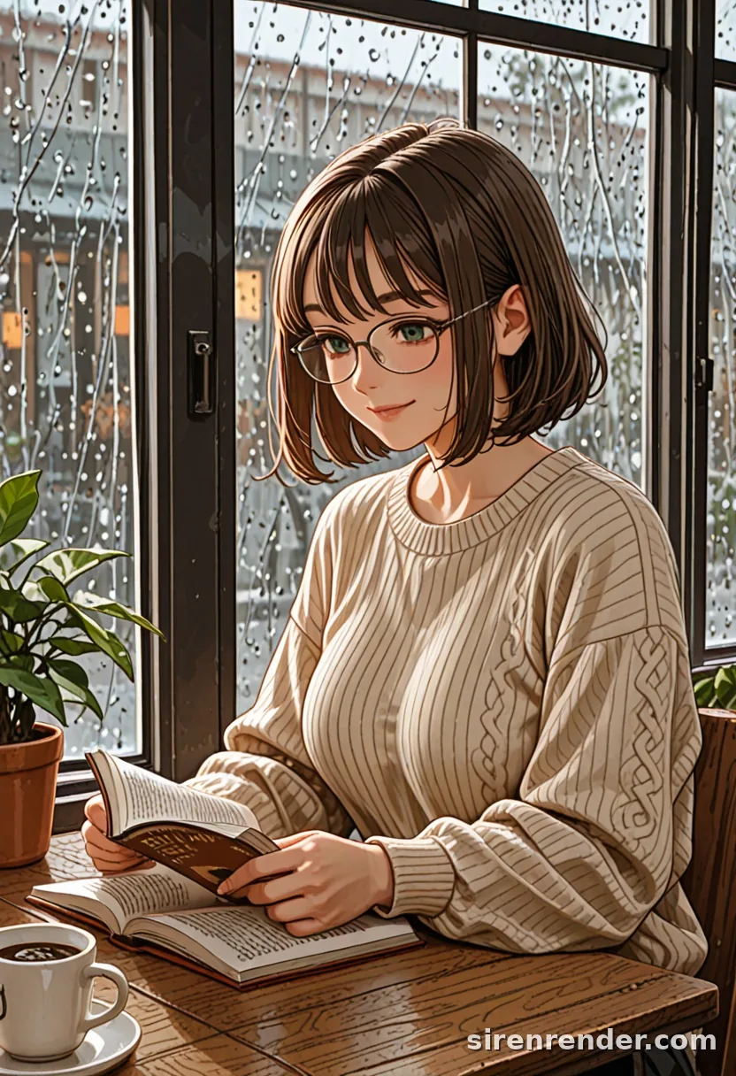 Rainy Cafe: anime woman with a brown bob and glasses reading a book with coffee by a rain-streaked cafe window full of plants, seed 22