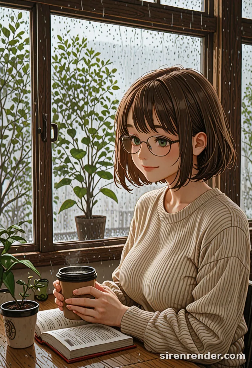 Rainy Cafe: anime woman with a brown bob and glasses reading a book with coffee by a rain-streaked cafe window full of plants, seed 33