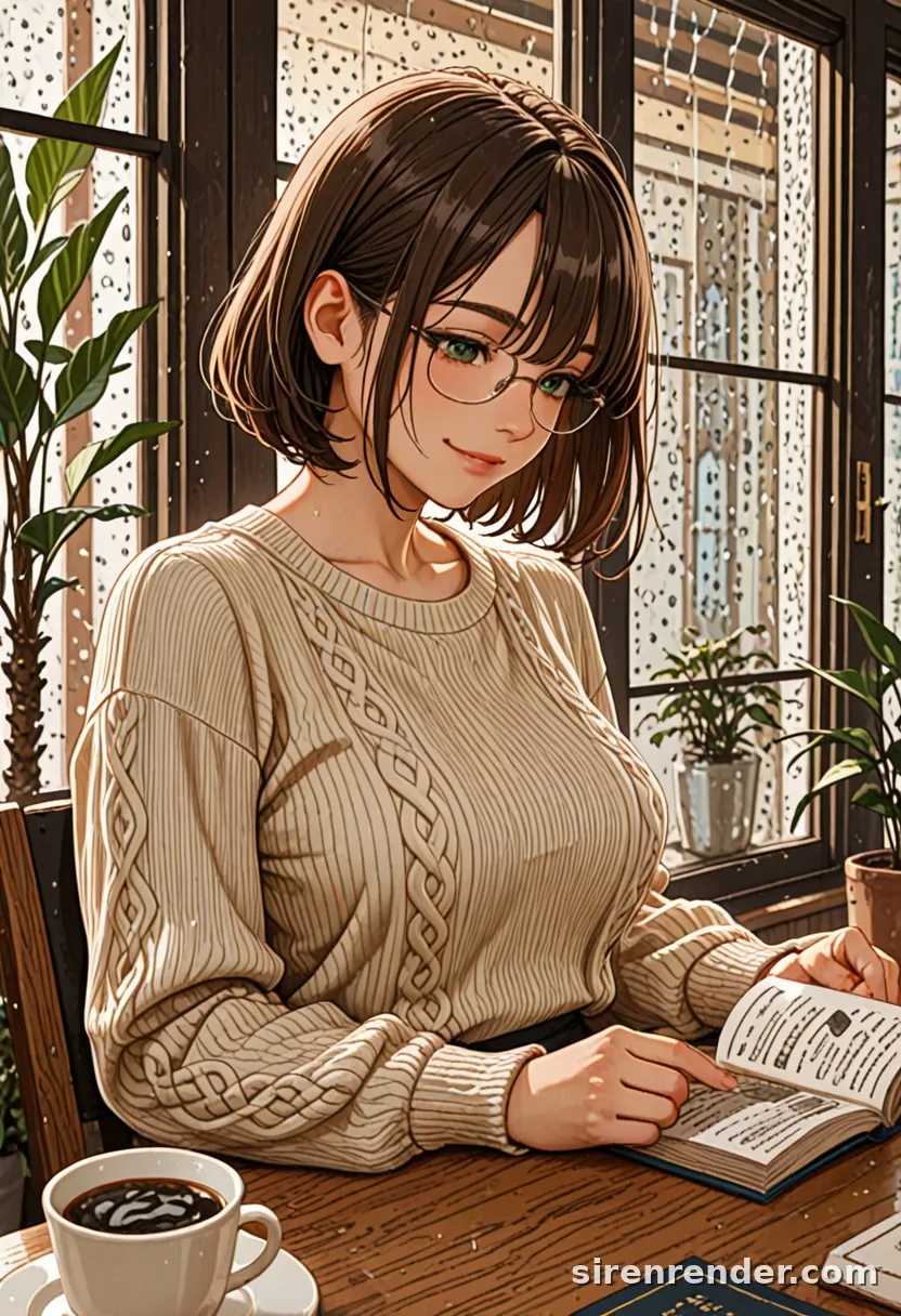 Rainy Cafe: anime woman with a brown bob and glasses reading a book with coffee by a rain-streaked cafe window full of plants, seed 44